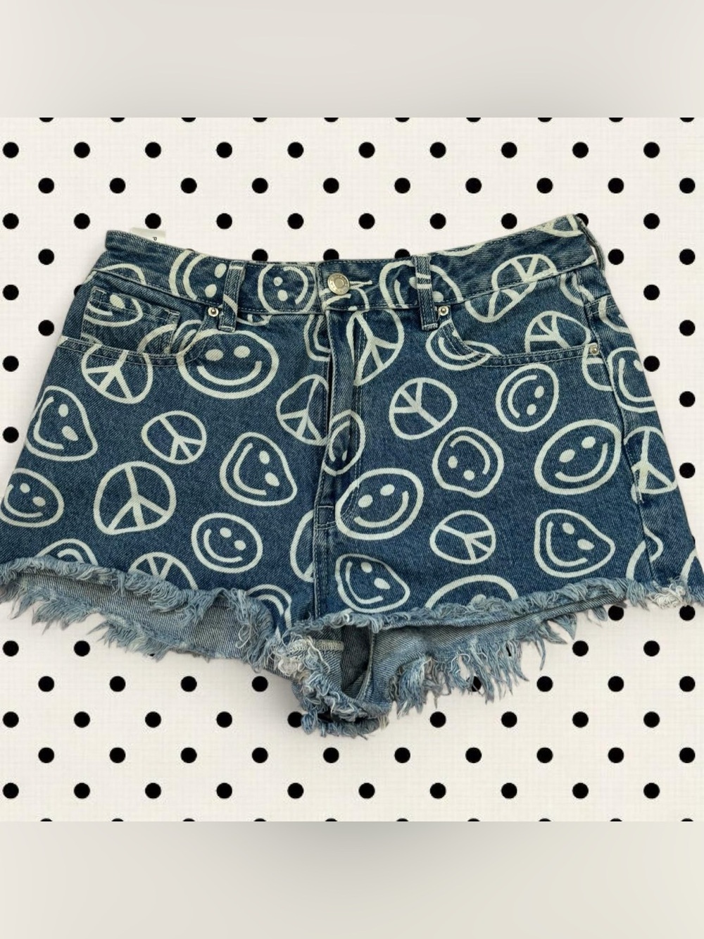 PacSun Blue Denim Shorts with White Smiley & Peace Print